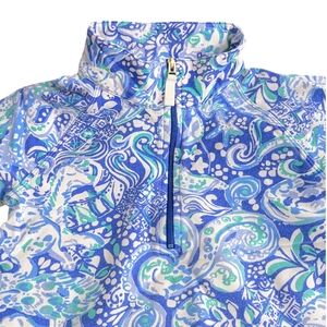 Lilly Pulitzer Skipper Popover Girls Medium Blue Green Floral Sweater 1/4 Zip